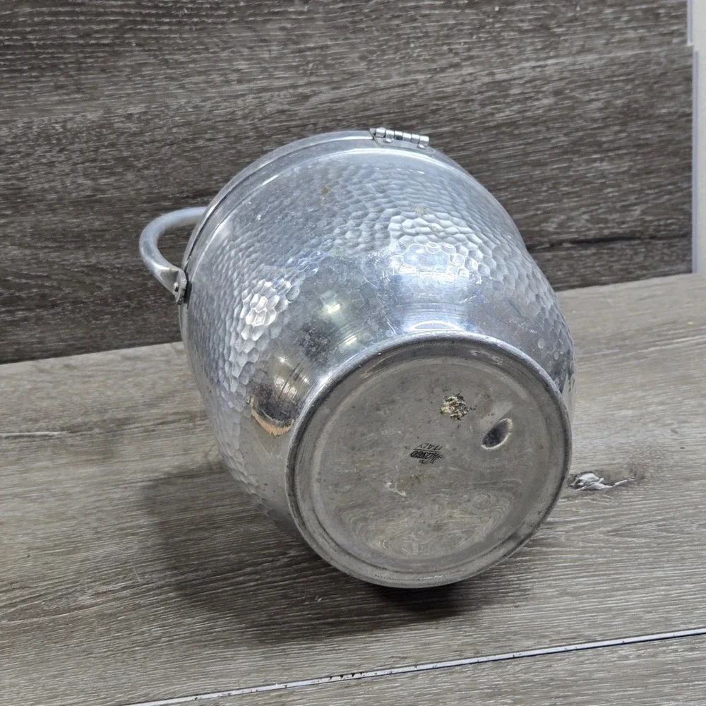 Vintage Mid Century Hammered Aluminum Lidded Ice Bucket with Handle Italy